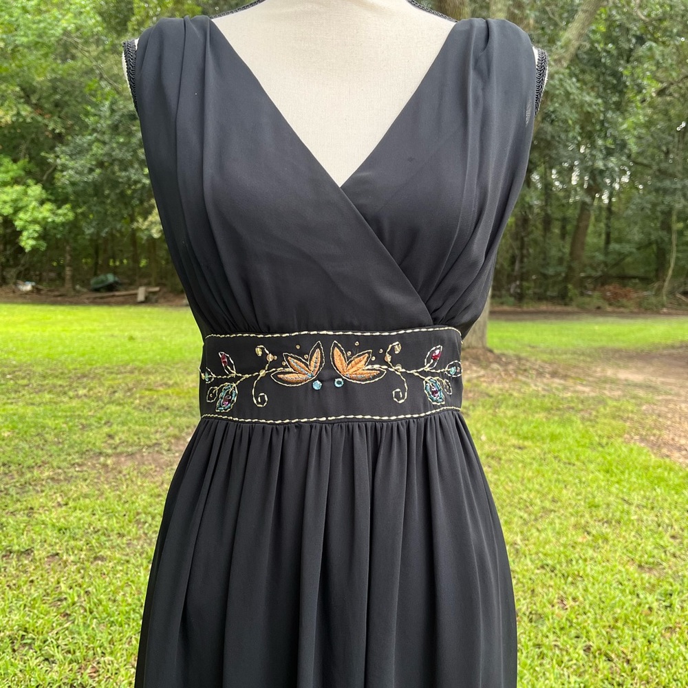 ABS BY ALLEN SCHWARTZ SEMI FORMAL GRECIAN SLEEVELESS BLACK BEADED MIDI DRESS LG